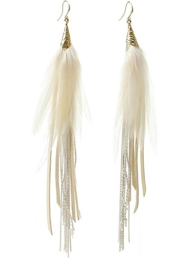 Badu Bohemian Feather Dangle Earrings for Women with Shell Beads Long Tassel Design Drop Earrings - Image 2